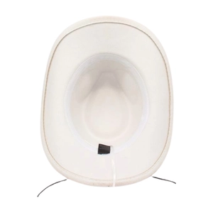 Inside detail of white felt cowboy hat showing sweatband and 100% polyester label