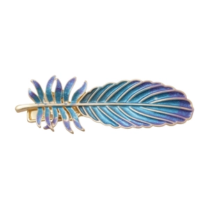 Barrette plume élégante avec émail dégradé bleu et violet sur une base en métal doré