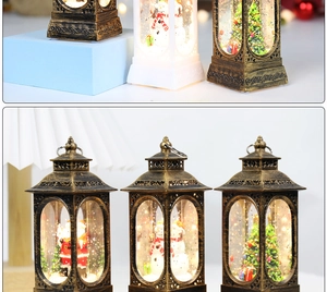 Macro detail of vintage Christmas lanterns with internal glitter and Santa figurines