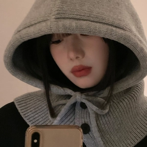Light gray knitted Balaclava hood scarf with button closure and drawstring detail