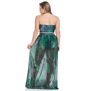Three-piece printed mesh bikini set with tropical leaf design and backless halter top