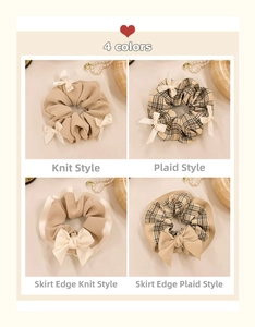 Detailed grid showing four styles of bow hair scrunchies in waffle and plaid patterns