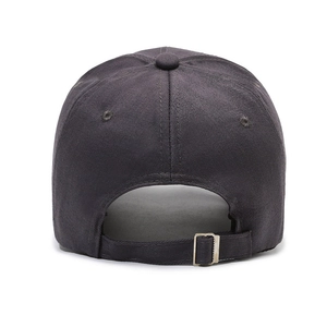 Dark grey cotton baseball cap with six-panel structure and adjustable metal back buckle