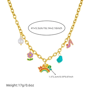 Rainbow happy pendant necklace set with colorful charms and white pearls on gold chain