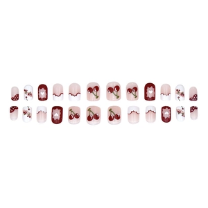 Sweet cherry pattern press-on nails with red heart and dot designs, 24-piece set