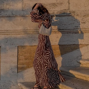 Detail of bohemian brown zebra print maxi dress with long sleeves in natural sunlight