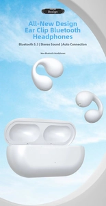 Detailed view of white C-shaped clip-on earphones with a compact charging case