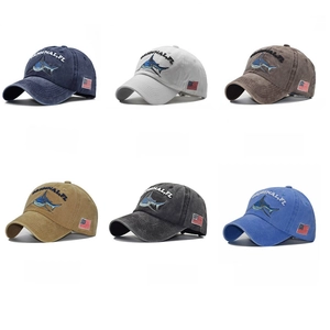 Washed cotton baseball caps with embroidered shark and American flag in six colors