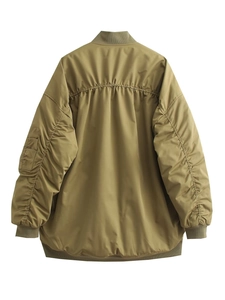 Olive green bomber jacket back view featuring ruched details and ribbed hem on white background