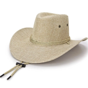 Close-up of linen cowboy hat with triple rope band and adjustable chin strap