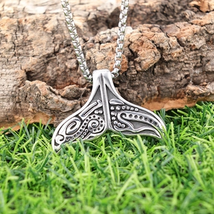 Viking whale tail pendant necklace with wave pattern engraving and box chain