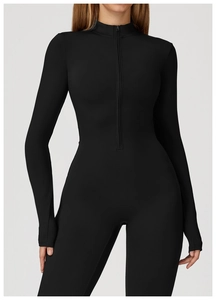 Detail of half-zip stand collar and thumbholes on black thermal athletic bodysuit