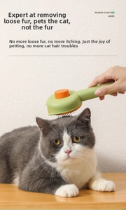Gros plan d'une brosse de toilettage pour chat retirant les poils d'un chat gris