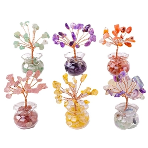 Set of 6 handcrafted natural crystal money trees with wire branches in glass pots