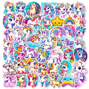 Set of 50 cute cartoon unicorn stickers with colorful rainbow patterns for decoration