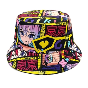 Detailed view of colorful anime print bucket hat with Tokyo graphics and graffiti art