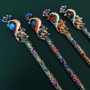 Vintage peacock hairpins with colorful cloisonné enamel and rhinestones for bun styling