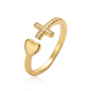Minimalist gold plated cross and heart open ring with sparkling zircon accents