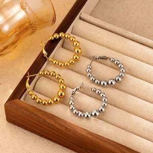 Stainless Steel Bead Hoop Earrings For Women 18K Gold Plated Graduated Round Ball Minimalist Luxury High End Jewelry