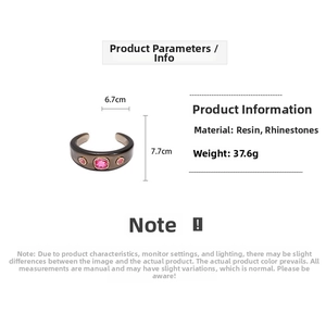 Detailed view of translucent resin bracelet with three inlaid pink rhinestones and dimensions