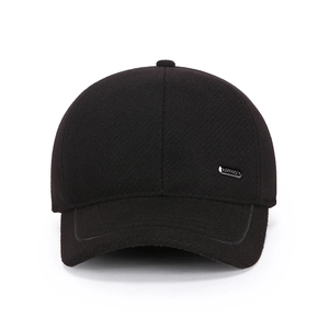 Winter men's black wool baseball cap with ear protection and metal sport detail
