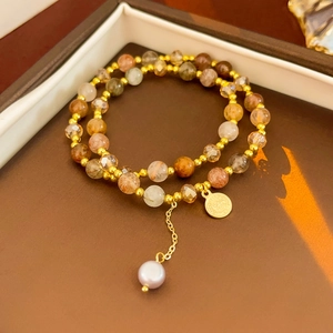 Vintage 2-piece natural stone crystal bracelet set with golden geometric charms and pearls