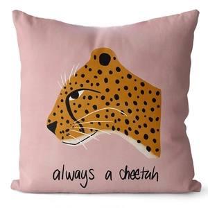 Detailed view of pink cushion cover featuring a stylized cheetah head and slogan
