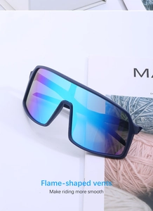 Detail of colorful cycling sunglasses with flame-shaped vents and blue mirrored lenses
