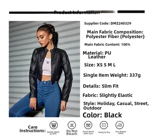 Detailed size chart and material specs for a slim-fit black PU leather jacket