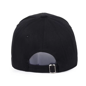 Rear view of black cotton kids baseball cap with adjustable strap and metal buckle detail
