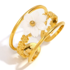 Elegant triple-layered 18K gold plated stainless steel open ring with a white flower motif