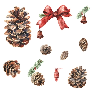 Christmas wall decals with watercolor pine cones, red bows, bells and green pine branches