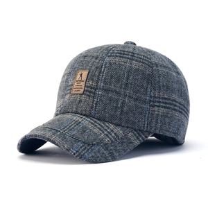 Thick plaid wool baseball cap for men and women featuring a vintage leather patch detail