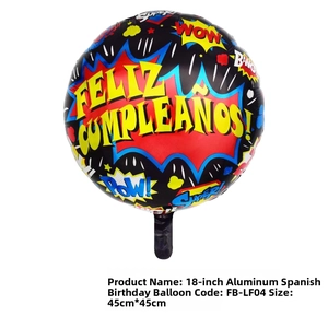 Detailed view of 18 inch Feliz Cumpleaños foil balloon with colorful comic style patterns