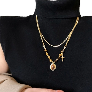 Layered 18k gold plated tiger eye beaded necklace with cross pendant and snake chain