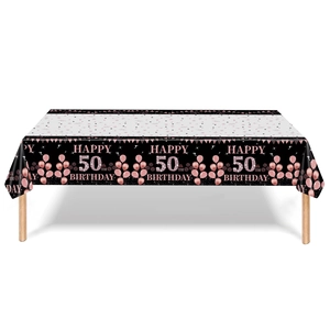 Rose gold and black 50th birthday party tablecloth with balloons and stars design