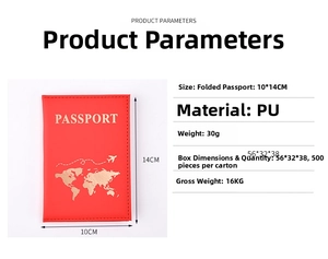 Detail view of red PU leather passport holder showing 10x14cm size and gold map embossing