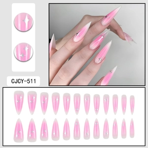 Pink gradient stiletto press-on nails set with silver star glitter designs, 24 pieces set