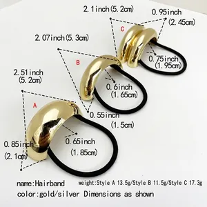 Size guide for geometric alloy hair ties in gold and silver finishes with dimensions
