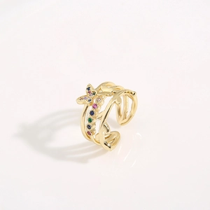 Adjustable golden multi-layer butterfly ring with colorful cubic zirconia stones
