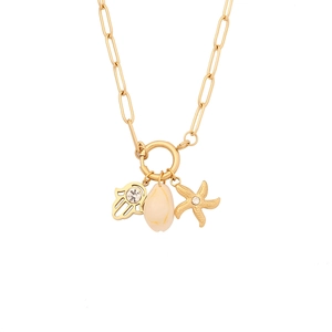 Gold paperclip chain necklace with Hamsa hand, white seashell, and starfish pendants