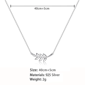 Macro detail of silver olive leaf necklace with 925 sterling silver stamp and dimensions