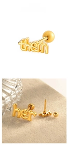 Detailed view of gold letter ear studs with secure screw ball back closure and polished finish
