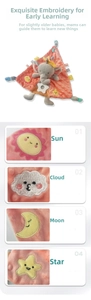 Detail of baby elephant comforter with colorful tags, teether, and embroidery patterns