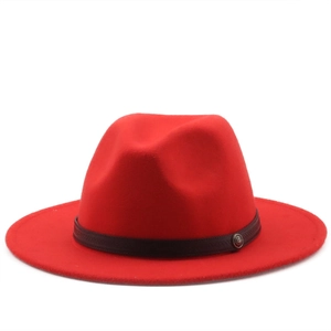Detail of red wool fedora hat featuring a brown decorative band and vintage metal buckle