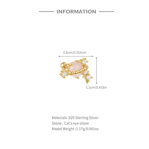 Detailed view of S925 silver planet stud earring with pink cat-eye stone and dimensions