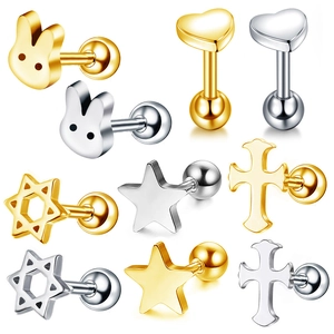 Cartilage Stud Earrings Stainless Steel Heart Star Cross Rabbit Shape Screw Ball Back Piercing Jewelry For Women Girls