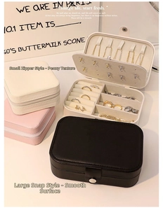 Detail view of multi-compartment jewelry organizer with hooks, slots and ring rolls