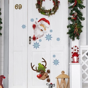 Autocollant de porte de Noël avec Père Noël et renne sur décor de porte en bois blanc