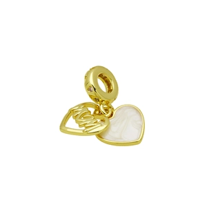 Close-up of golden MOM heart pendant with white enamel detail and polished finish